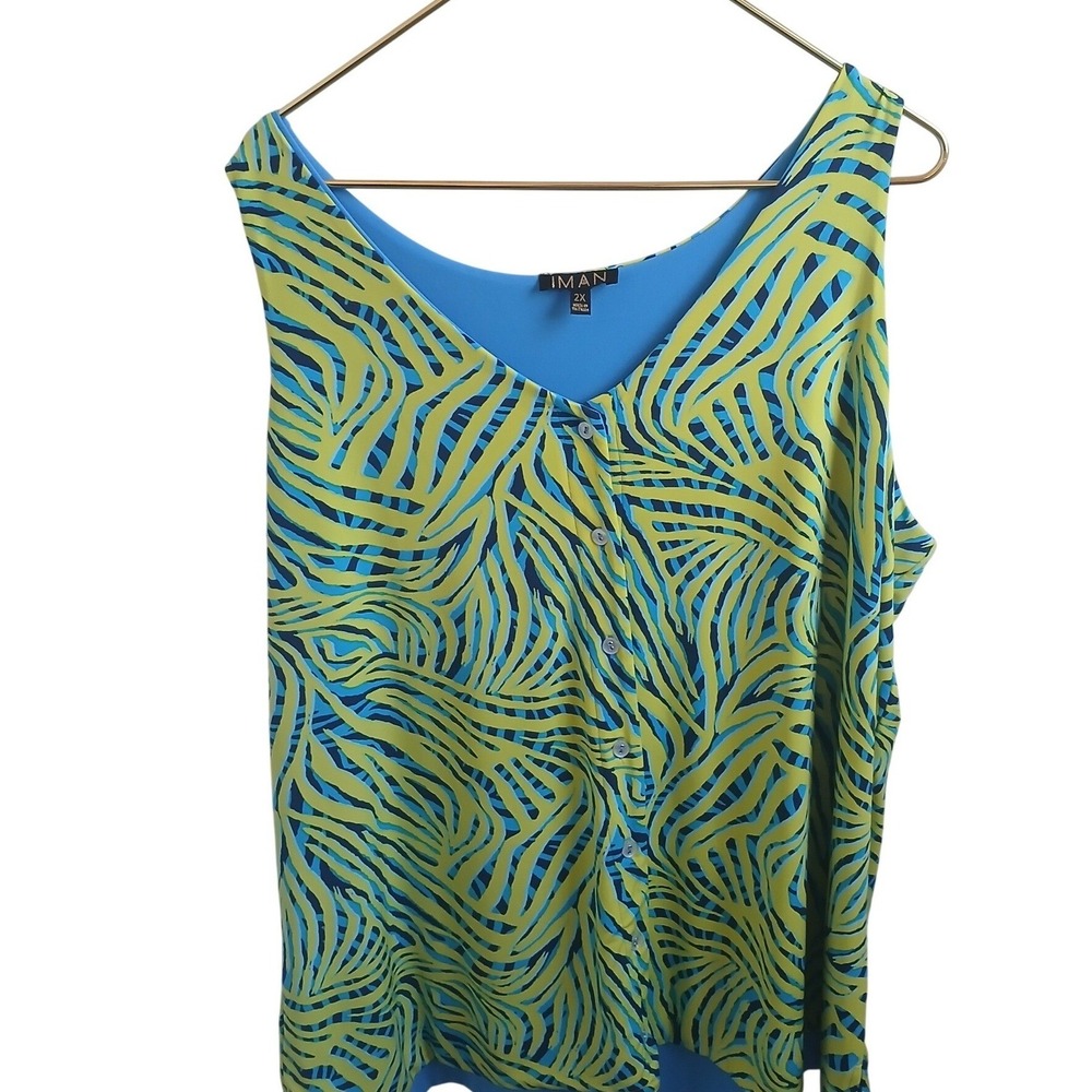 IMAN Women's 2X Reversible Tropical Sleeveless V Neck Button‎ Front Tank Top